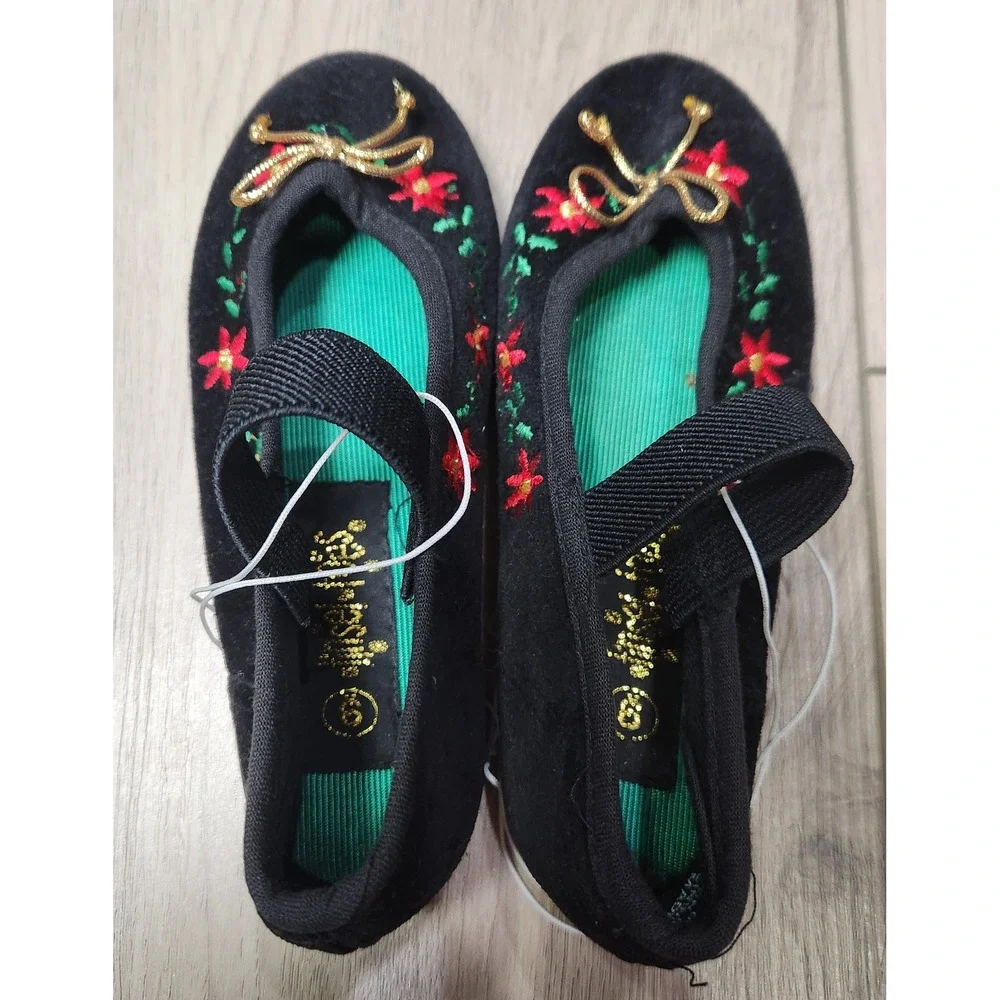 Tinsel Toes Girls Black Velvet Floral Embroidered Mary‎ Jane Flats Size 9 NEW